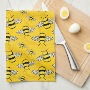 Cute Cartoon Bees in a Beehive Yellow Tea Towel