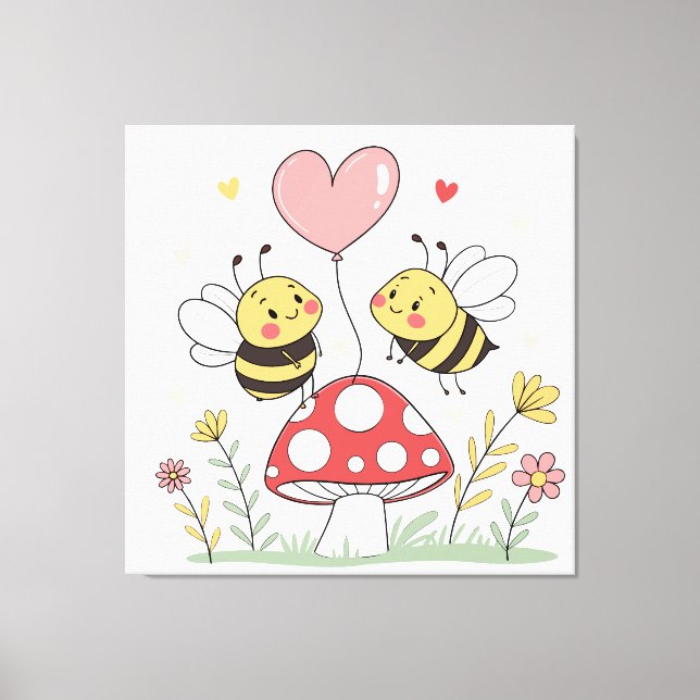 Cute Cartoon Bees with Heart Balloon on Mushroom Canvas Print (Front)