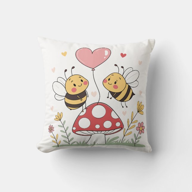 Cute Cartoon Bees with Heart Balloon on Mushroom Cushion (Front)