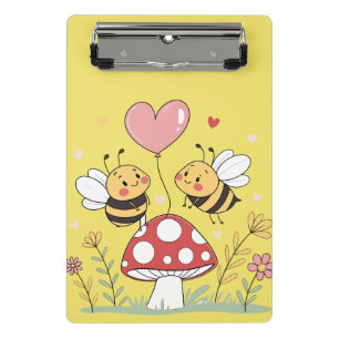 Cute Cartoon Bees with Heart Balloon on Mushroom Mini Clipboard