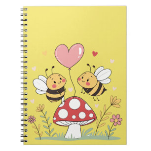 Cute Cartoon Bees with Heart Balloon on Mushroom Notebook