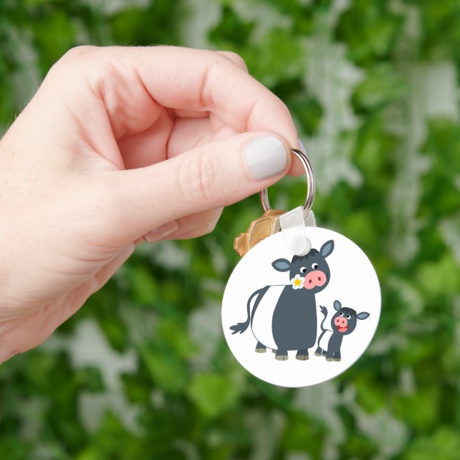Cute Cartoon Belted Galloway Cow and Calf Keychain (Hand)