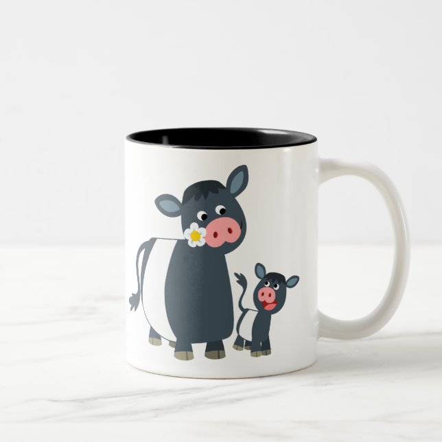 Cute Cartoon Belted Galloway Cow and Calf Two-Tone Coffee Mug (Right)
