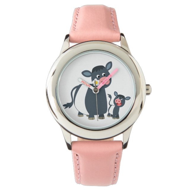 Cute Cartoon Belted Galloway Cow and Calf Watch (Front)
