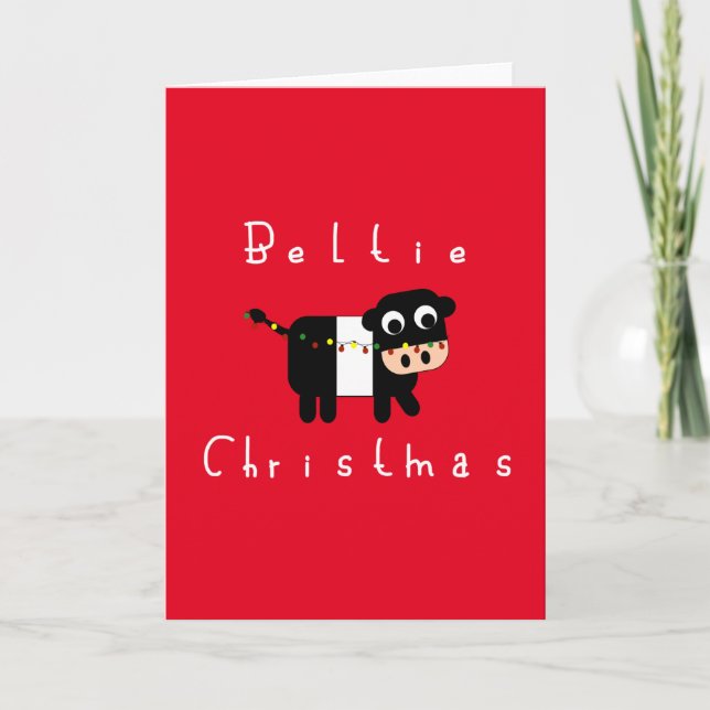 Cute Cartoon Beltie Christmas Belted Galloway Cow Holiday Card (Front)