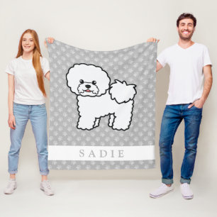 Cute Cartoon Bichon Frise Dog And Custom Name Grey Fleece Blanket