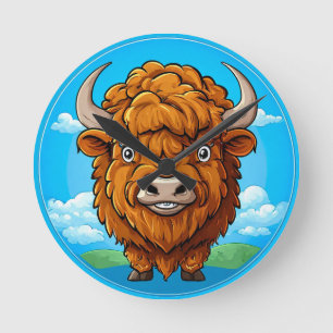 Cute Cartoon Bison Round Clock