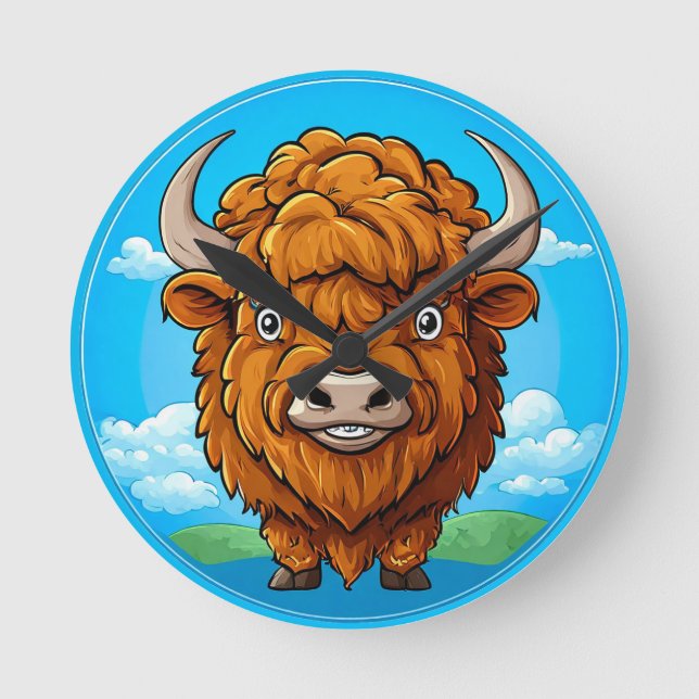 Cute Cartoon Bison Round Clock (Front)