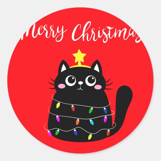 Cute cartoon black cat Christmas tree Classic Round Sticker | Zazzle.co.uk