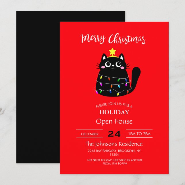 Cute cartoon black cat Christmas tree         Invitation (Front/Back)