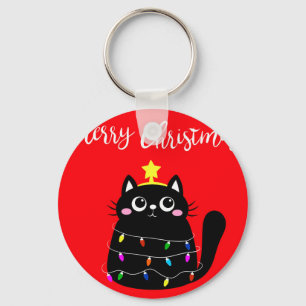 Cute cartoon black cat Christmas tree Key Ring