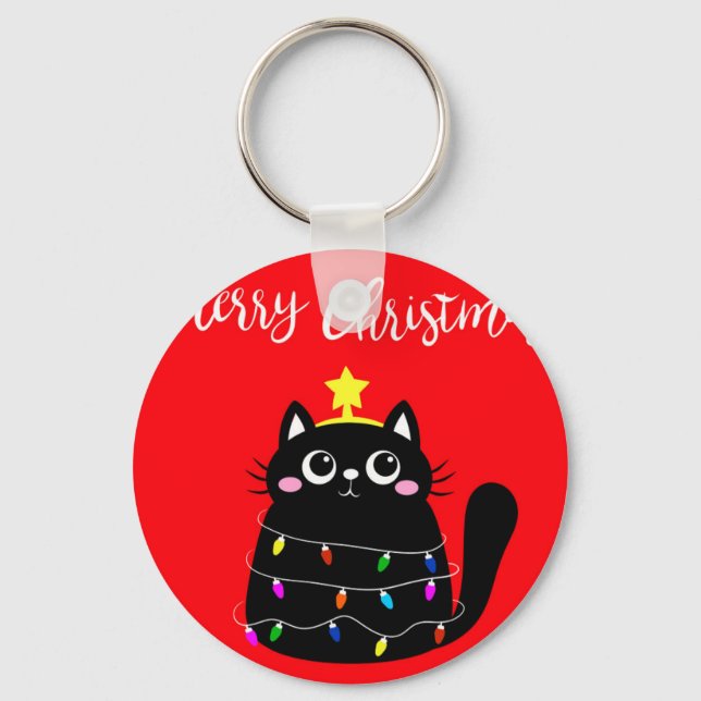 Cute cartoon black cat Christmas tree Key Ring (Front)