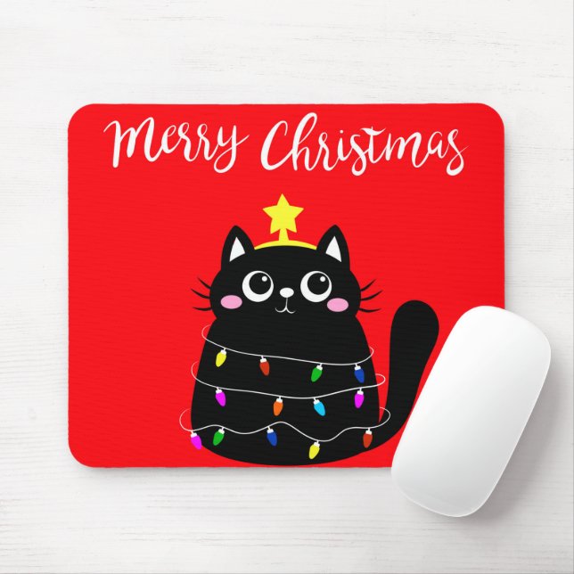 Cute cartoon black cat Christmas tree Mouse Mat (With Mouse)