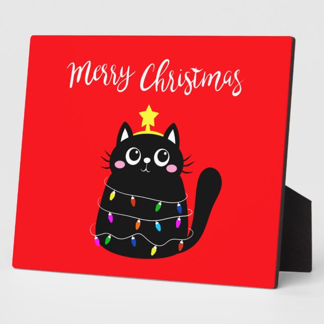 Cute cartoon black cat Christmas tree Plaque (Side)