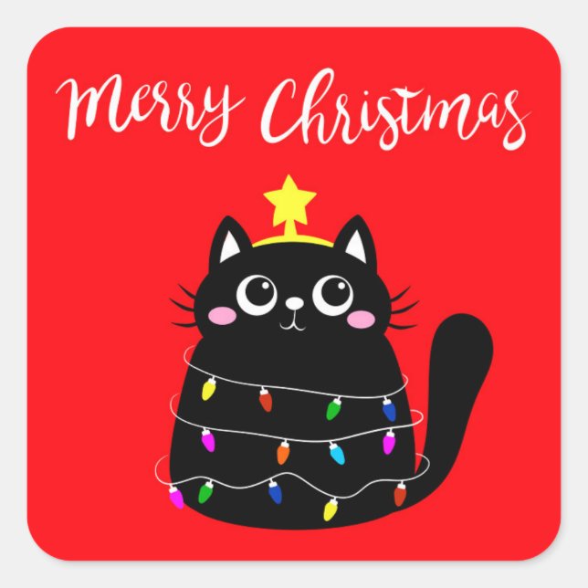 Cute cartoon black cat Christmas tree Square Sticker (Front)
