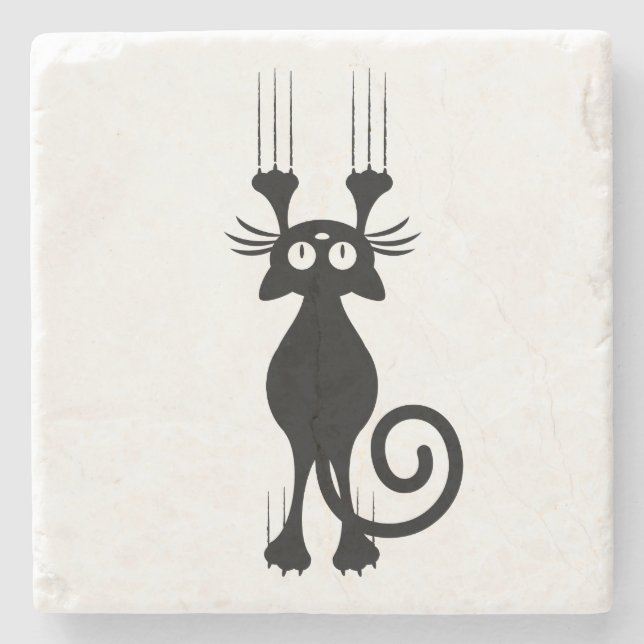 Cute Cartoon Black Cat Scratching Stone Coaster (Front)