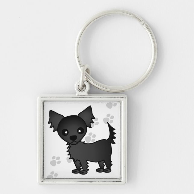Cute Cartoon Black Long-haired Chihuahua Key Ring (Front)