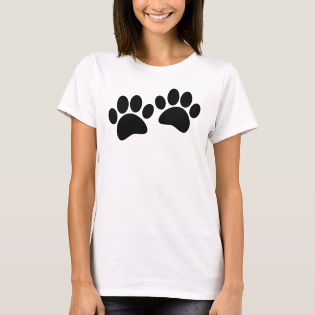 Cute Cartoon Black Puppy Paw Prints T-Shirt (Front)