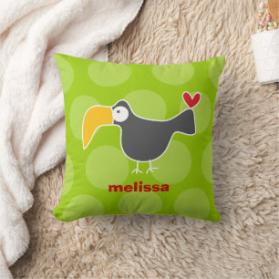 Cute Cartoon Black Toucan Bird Love Fun Dots Kids Cushion