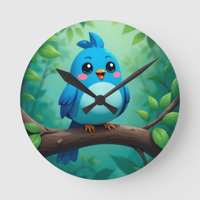 Cute Cartoon Blue Bird Round Clock (Front)