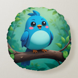 Cute Cartoon Blue Bird Round Cushion