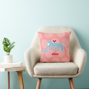 Cute Cartoon Blue Elephant Love Fun Dots Girl Kids Cushion