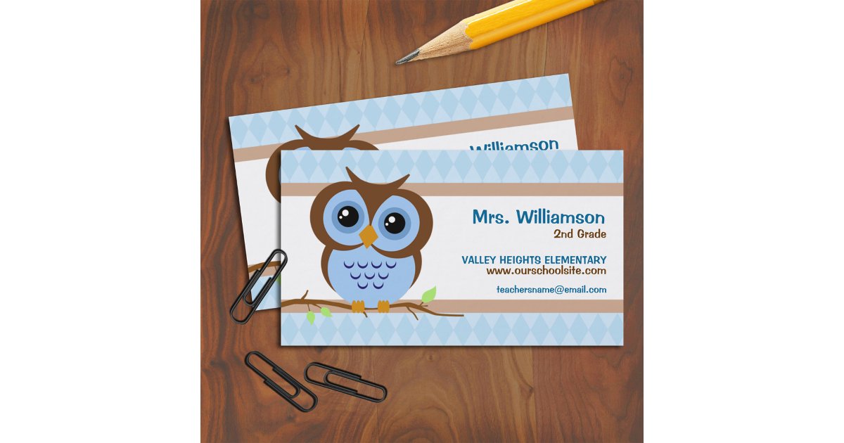 Cute Cartoon Blue Owl Teacher Contact Business Card | Zazzle