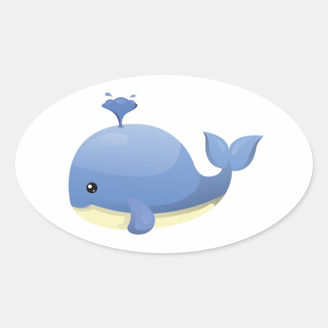 Cute Cartoon Blue Whale Spouting Water Oval Sticker (Front)