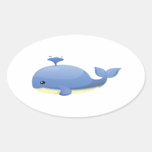 Cute Cartoon Blue Whale Spouting Water Oval Sticker