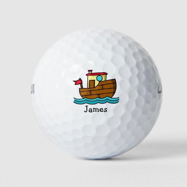 Cute Cartoon Boat Illustration Personalised Golf Balls (Front)