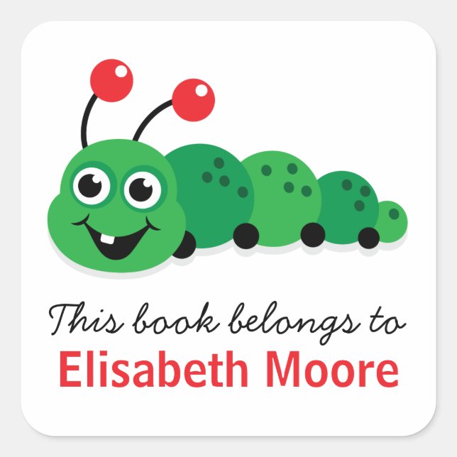 Cute cartoon bookworm personalised bookplate square sticker (Front)