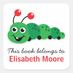 Cute cartoon bookworm personalised bookplate square sticker