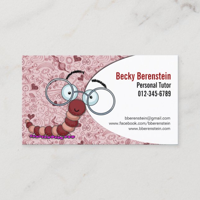 Cute Cartoon Bookworm Tutor Red Business Card (Front)