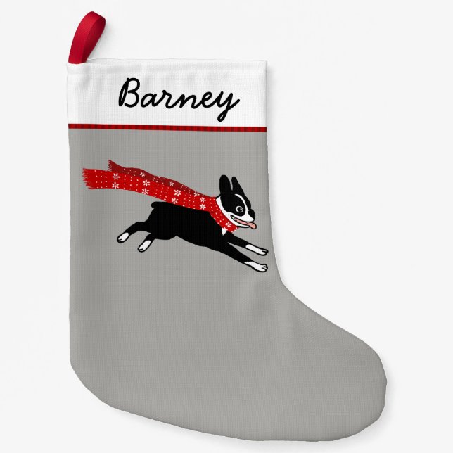 Cute Cartoon Boston Terrier Happy Dog Holiday Xmas Small Christmas Stocking (Front)