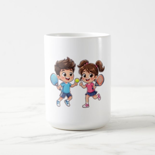 Cute Cartoon Boy and Girl Playing Padel Tennis – F Coffee Mug (Center)