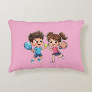 Cute Cartoon Boy and Girl Playing Padel Tennis – F Decorative Cushion