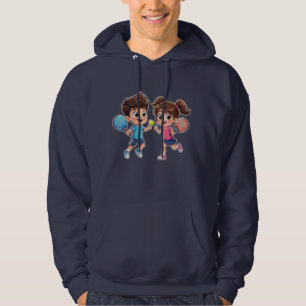 Cute Cartoon Boy and Girl Playing Padel Tennis – F Hoodie