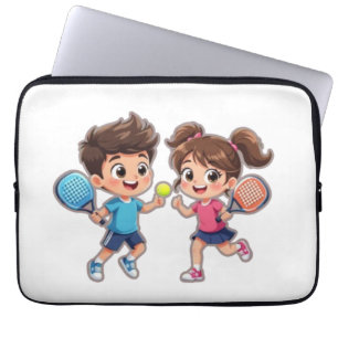 Cute Cartoon Boy and Girl Playing Padel Tennis – F Laptop Sleeve