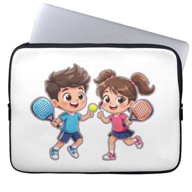 Cute Cartoon Boy and Girl Playing Padel Tennis – F Laptop Sleeve (Front)