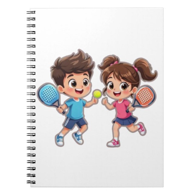 Cute Cartoon Boy and Girl Playing Padel Tennis – F Notebook (Front)