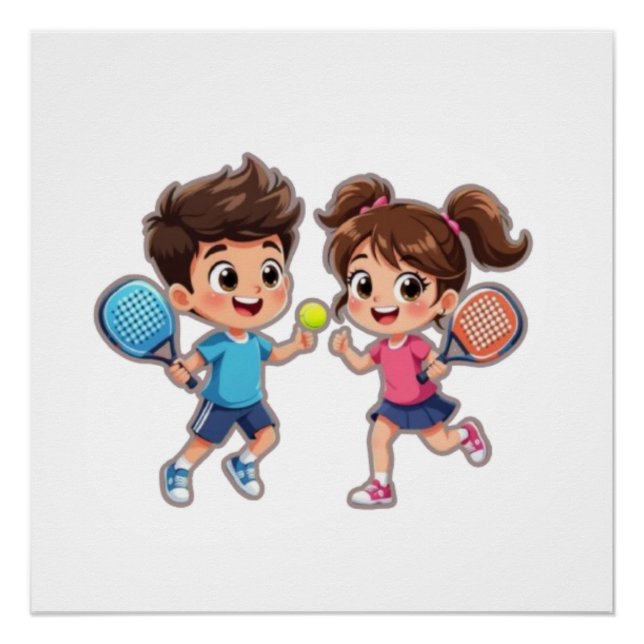Cute Cartoon Boy and Girl Playing Padel Tennis – F Poster (Front)
