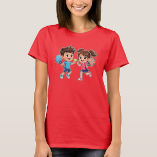 Cute Cartoon Boy and Girl Playing Padel Tennis – F T-Shirt