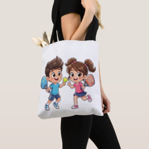 Cute Cartoon Boy and Girl Playing Padel Tennis – F Tote Bag