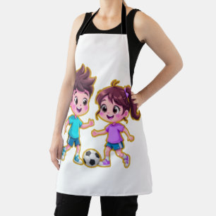 Cute Cartoon Boy and Girl Playing Soccer Together  Apron