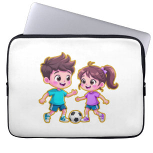Cute Cartoon Boy and Girl Playing Soccer Together  Laptop Sleeve