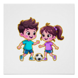 Cute Cartoon Boy and Girl Playing Soccer Together  Poster