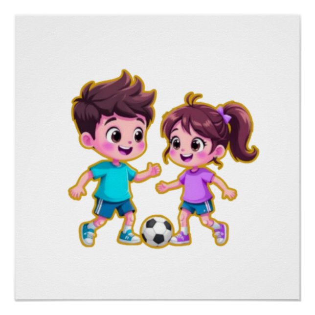 Cute Cartoon Boy and Girl Playing Soccer Together  Poster (Front)