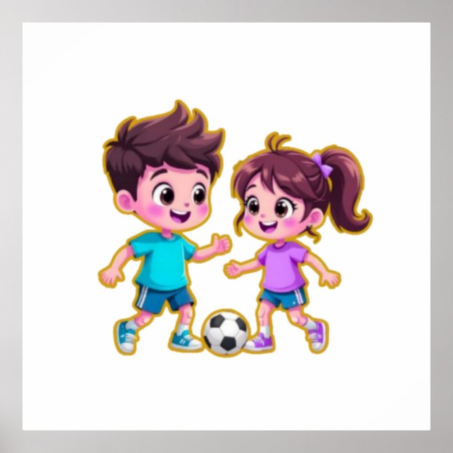 Cute Cartoon Boy and Girl Playing Soccer Together  Poster (Front)