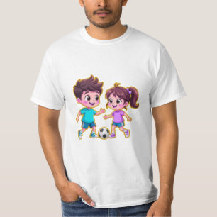 Cute Cartoon Boy and Girl Playing Soccer Together  T-Shirt