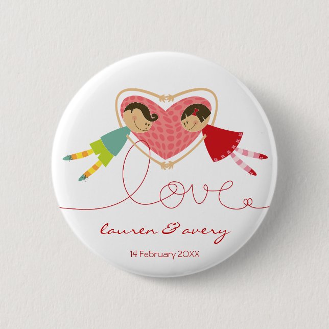 Cute Cartoon Boy Girl Love Engaged Wedding Button (Front)